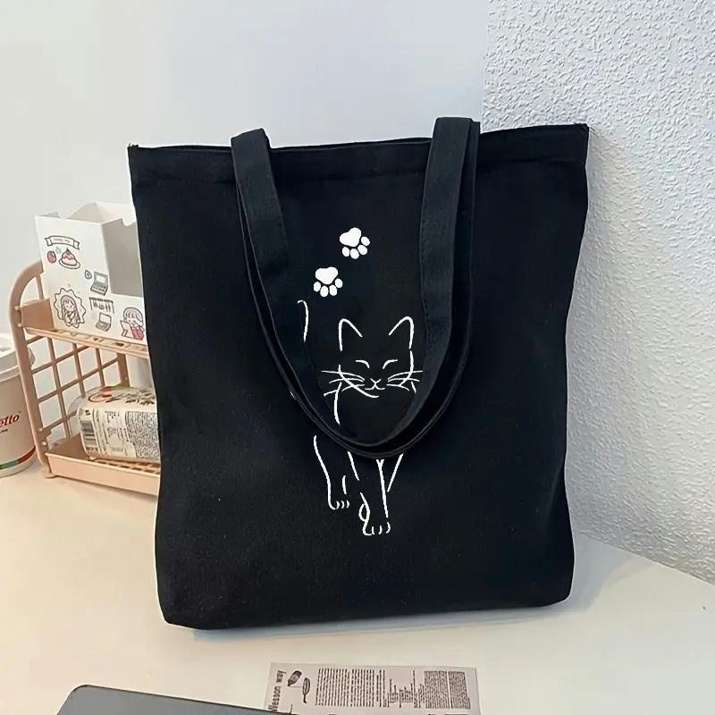 Cat Claw Bark - 最新のキュートなミニマルライン猫の足跡柄ブラックキャンバストートバッグカジュアル学生用デイリーショルダーバッグ